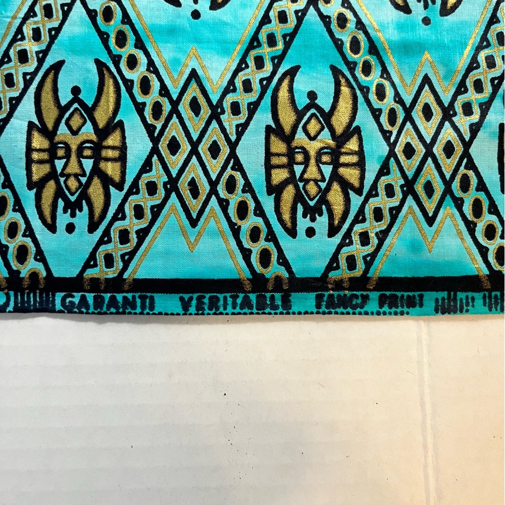 Vintage Sotiba Simpafric Dakar Senegal Fabric - 1 yard 6.5” Teal Gold Mask - Picture 2 of 6